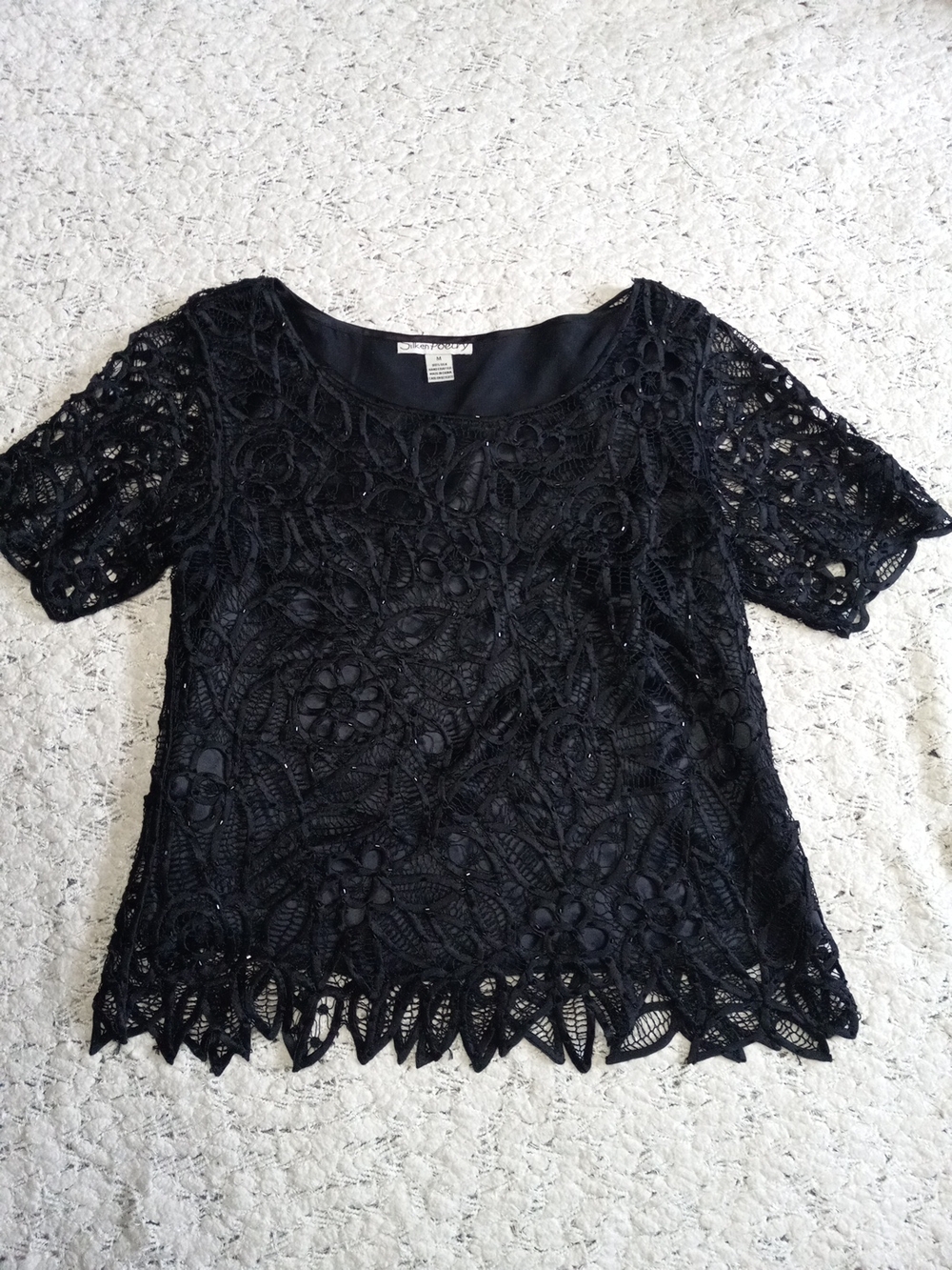 Silken Poetry Black Lace Crochet Short Sleeve Top Size M